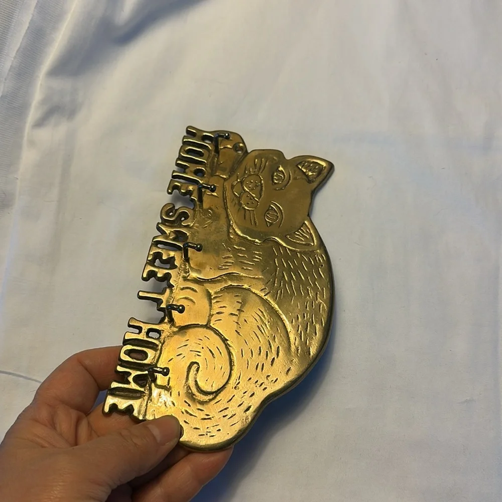 Vintage brass Cat Wall Decor with Hooks